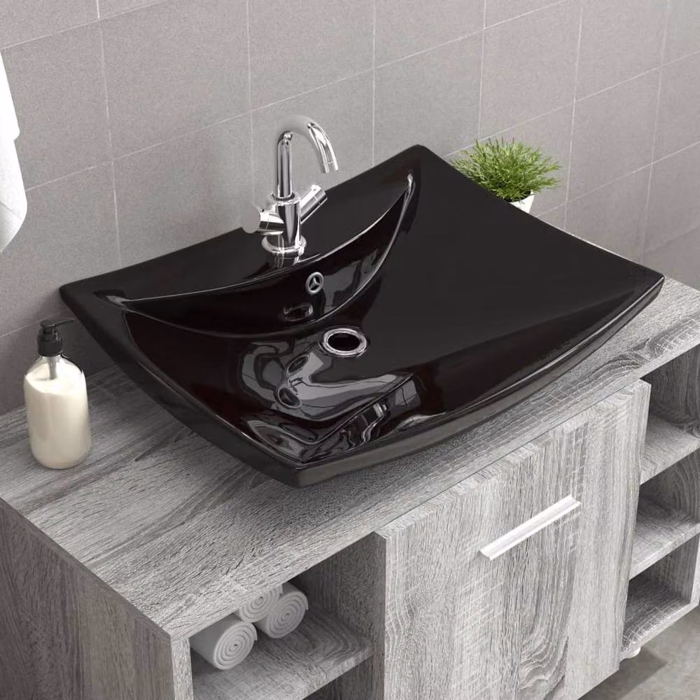 Berkfield Home Black Luxury Rectangular Ceramic Basin with Overflow, W: 60.0 cm, D: 43.0 cm, H: 17.0 cm – 2