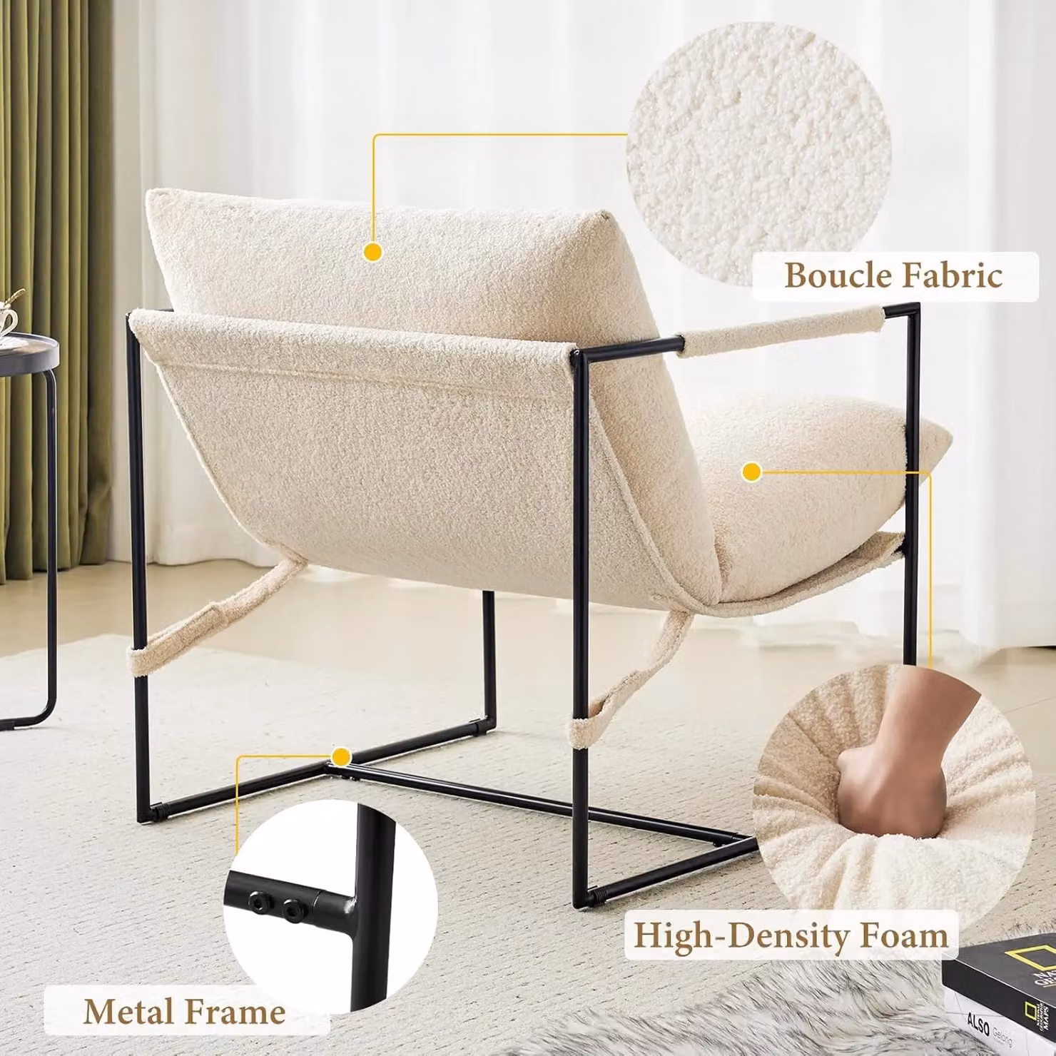 MCC Direct White Boucle Fabric Lounge Chair with Metal Frame – 2