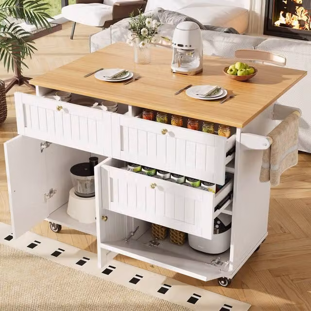 Fascinate White Rolling Drop-Leaf Kitchen Island with Storage