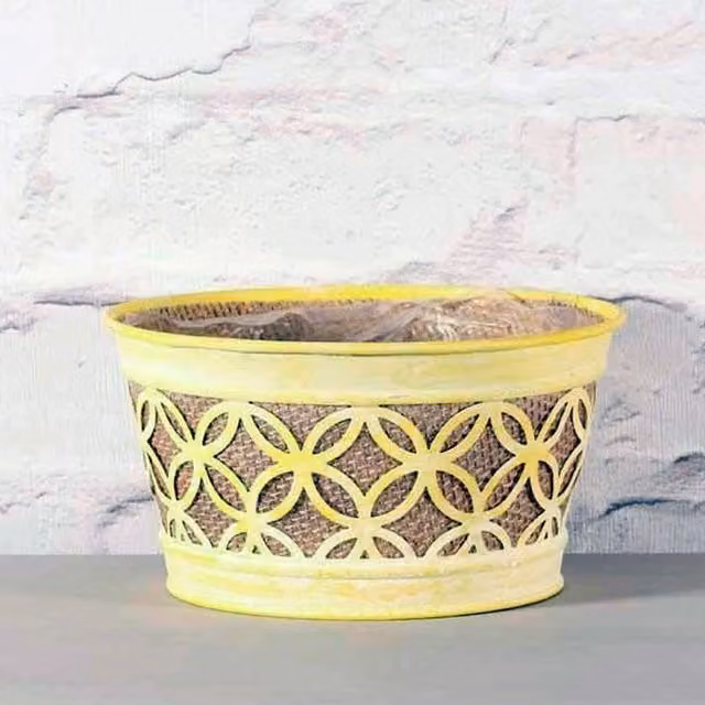 Kingsbury Gifts Yellow and White Metal Round Tabletop Planter, W/D/H: 16.3 x 12.8 x 10.7 cm