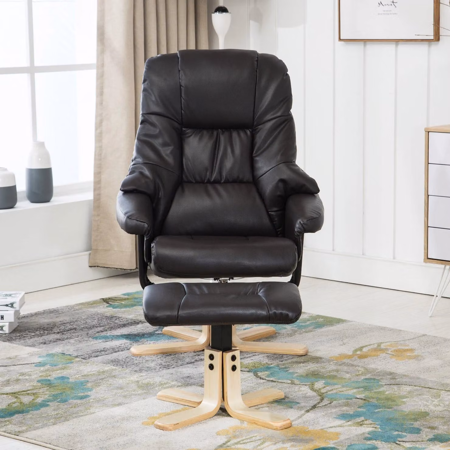 More4Homes Sorento Brown Bonded Leather Swivel Recliner Armchair with Footstool – 4