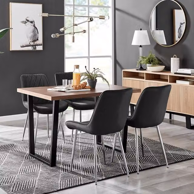 FurnitureboxUK Kylo Brown Wood Effect Dining Table and 4 Pesaro Black Chairs with Silver Legs