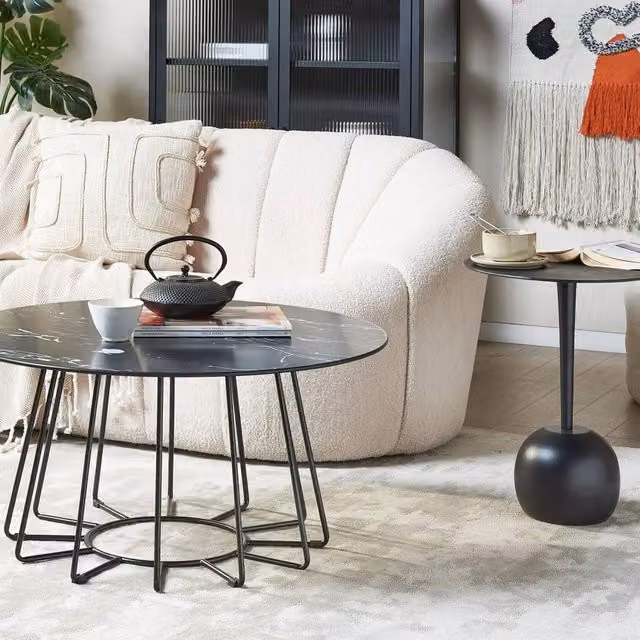 Wyld and Coco Round Marble Effect Coffee Table with Black Tempered Glass, Diameter: 80 cm