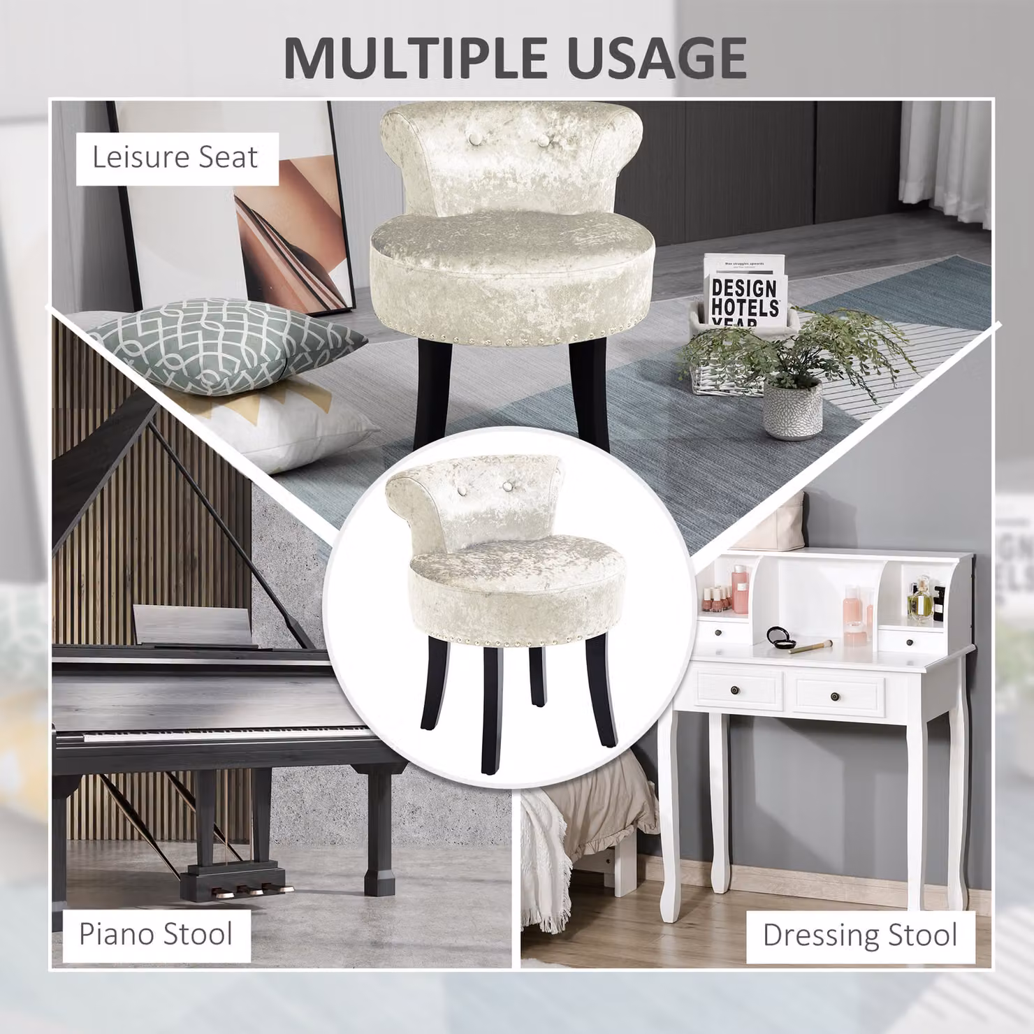 HOMCOM Ice Velvet Dressing Table Stool with Rubberwood Legs in Beige – 5