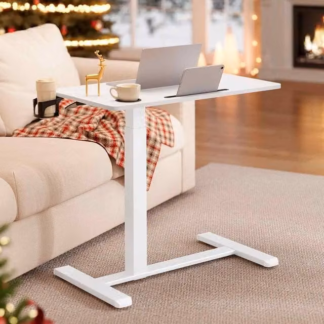 The Bazaarist Adjustable Rolling Overbed Desk with Cup Holder in White – 1