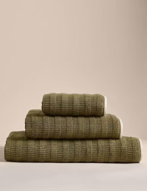 M&S Pure Cotton Textured Contrast Trim Towel in Green