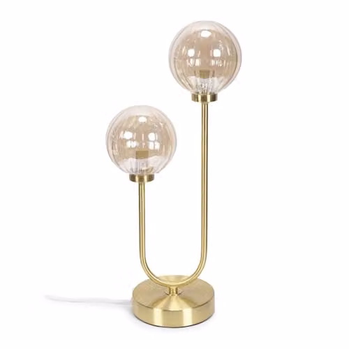 ValueLights Gold Metal 2 Way Dual Table Lamp with Amber Ribbed Glass Globe Shades and Bulb