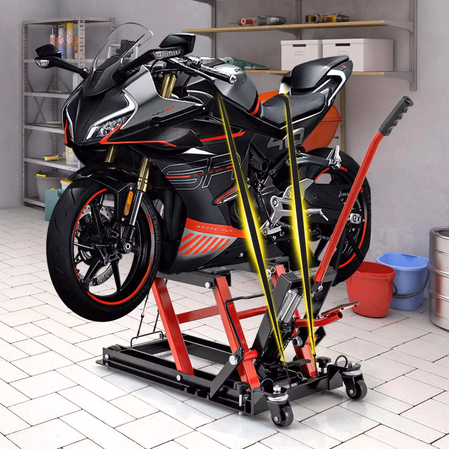 Gymax Red Hydraulic Motorcycle Lift Jack with 4 Wheels, 680kg Capacity – 5