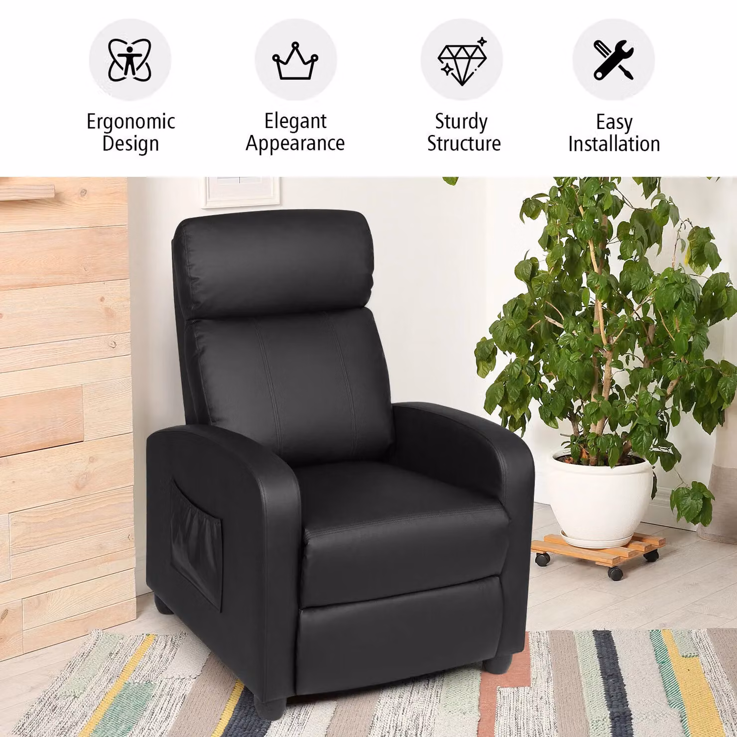 Gymax Black Synthetic Leather Upholstered Recliner Armchair with Adjustable Backrest and Metal Frame – 6