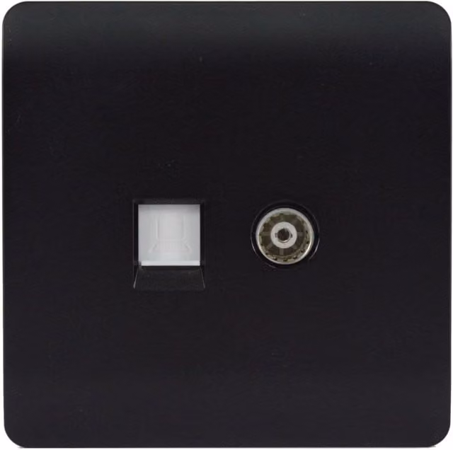 Trendi Switch 2 Gang Combination TV Co-Axial and RJ45 Cat 5e Ethernet Flush Sockets in Matt Black