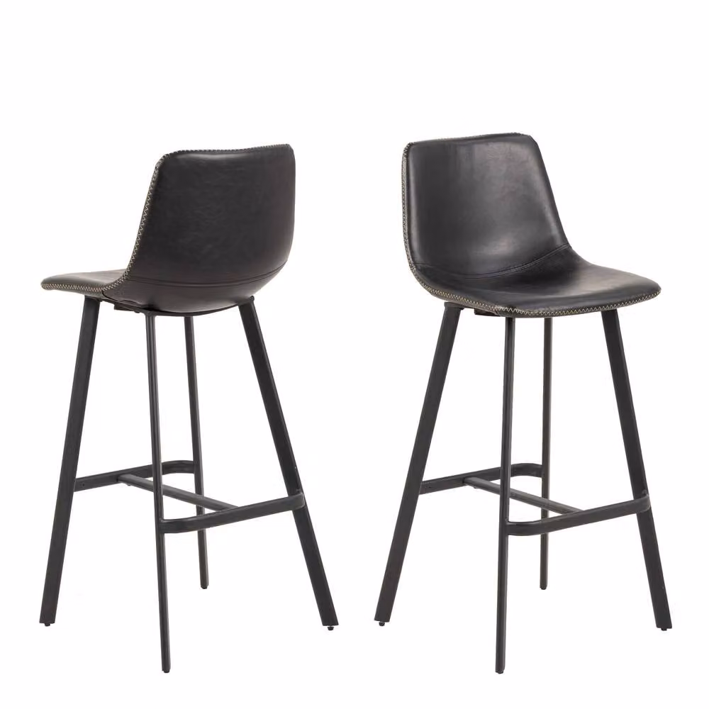 Wyld Haus Set of 2 Bogense Black Faux Leather Bar Stools with Cream Zig Zag Stitching – 2