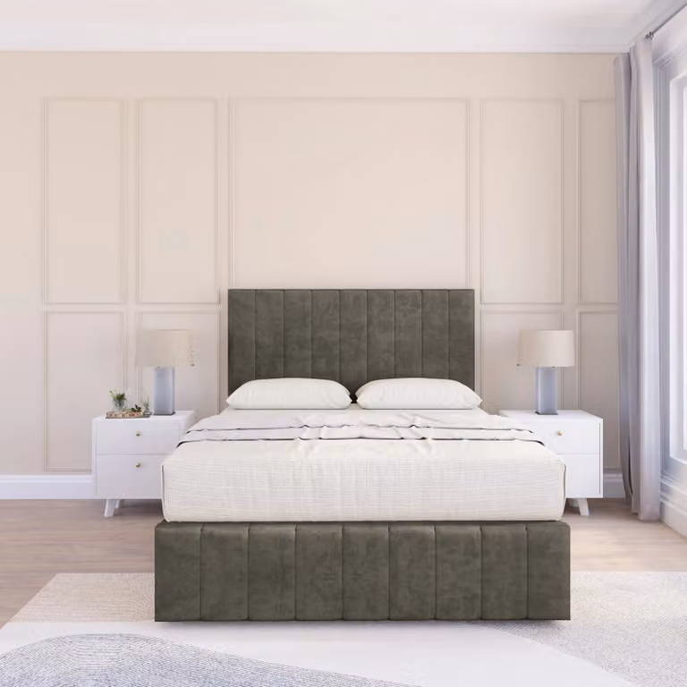 Sloomy California Divan Bed Base in Light Grey Velvet, Small Single, with Chesterfield Upholstered Headboard and Footboard