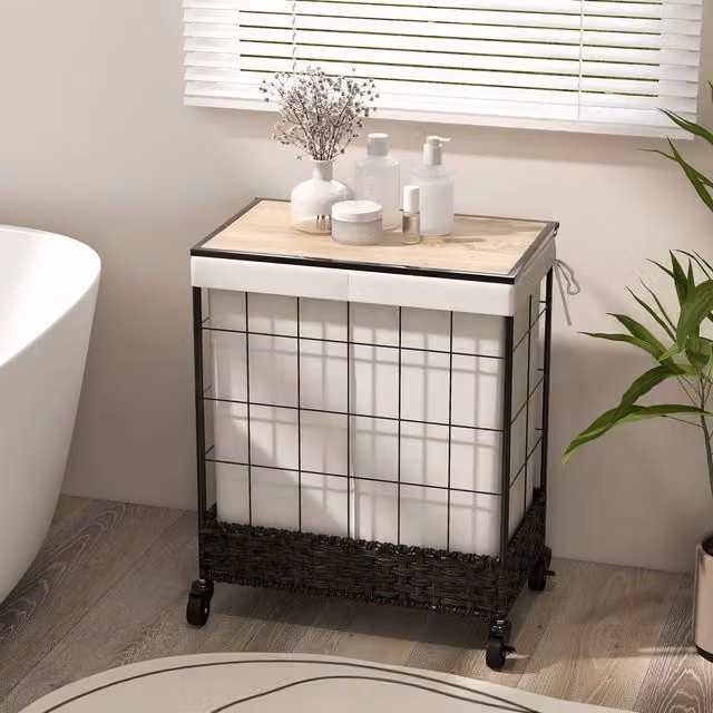 Costway 2 Section Handwoven Rattan Laundry Hamper with Lid and Wheels, Black, 130L Capacity