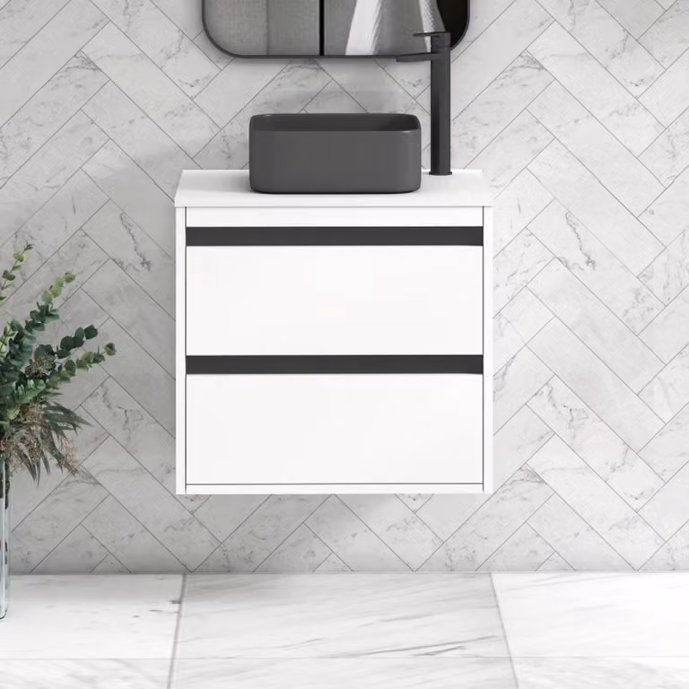 Royal Bathrooms Orion 600mm Matt White Wall Hung 2 Drawer Vanity Unit with Art Square Basin and Black Accent Trim
