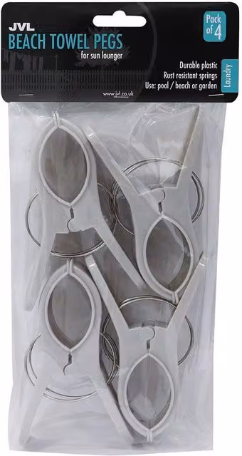 JVL Large White Plastic Beach Towel Clamp Clips, Pack of 4