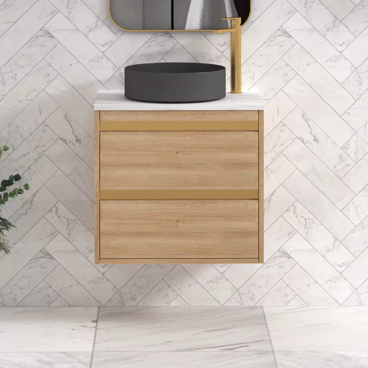 Royal Bathrooms Orion 600mm Natural Oak Wall Hung 2 Drawer Vanity Unit with Art Round Basin and Brushed Brass Accent Trim