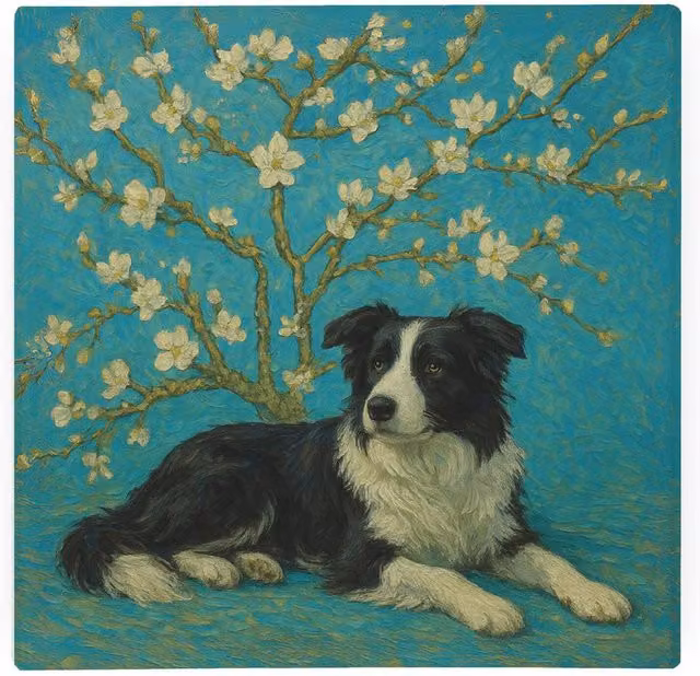 Purely Home Van Gogh Border Collie Glass Hot Pot Stand, Multi-colour Non-Slip Square Kitchen Trivet