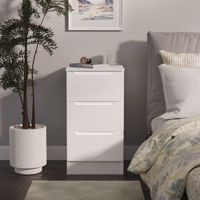 2 U Lucca 3 Drawer Bedside Table in White, Small, Ready Assembled