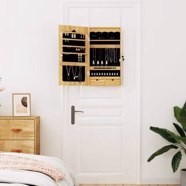 Berkfield Home Wall Mounted Mirror Jewellery Cabinet in Brown, W/D/H: 37.5 x 10 x 67 cm