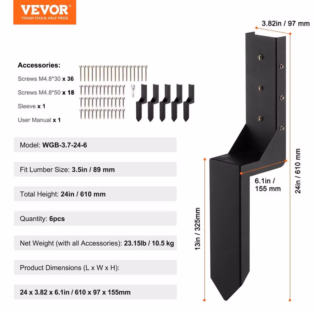VEVOR Heavy Duty Steel Fence Post Anchor Kit, Black, 6 Pack – 2