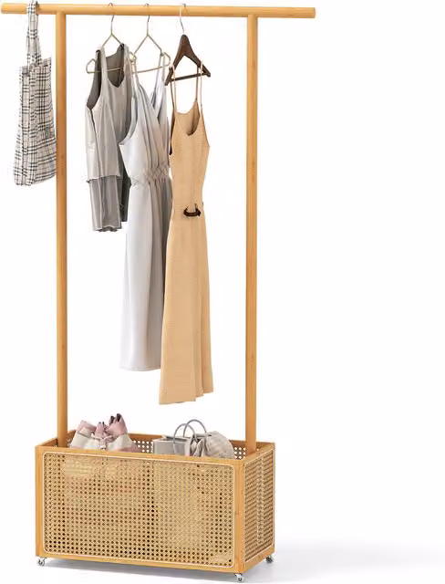 Costway Rustic Bamboo Clothes Rail and Coat Hanger Stand with Wheels in Brown and Beige