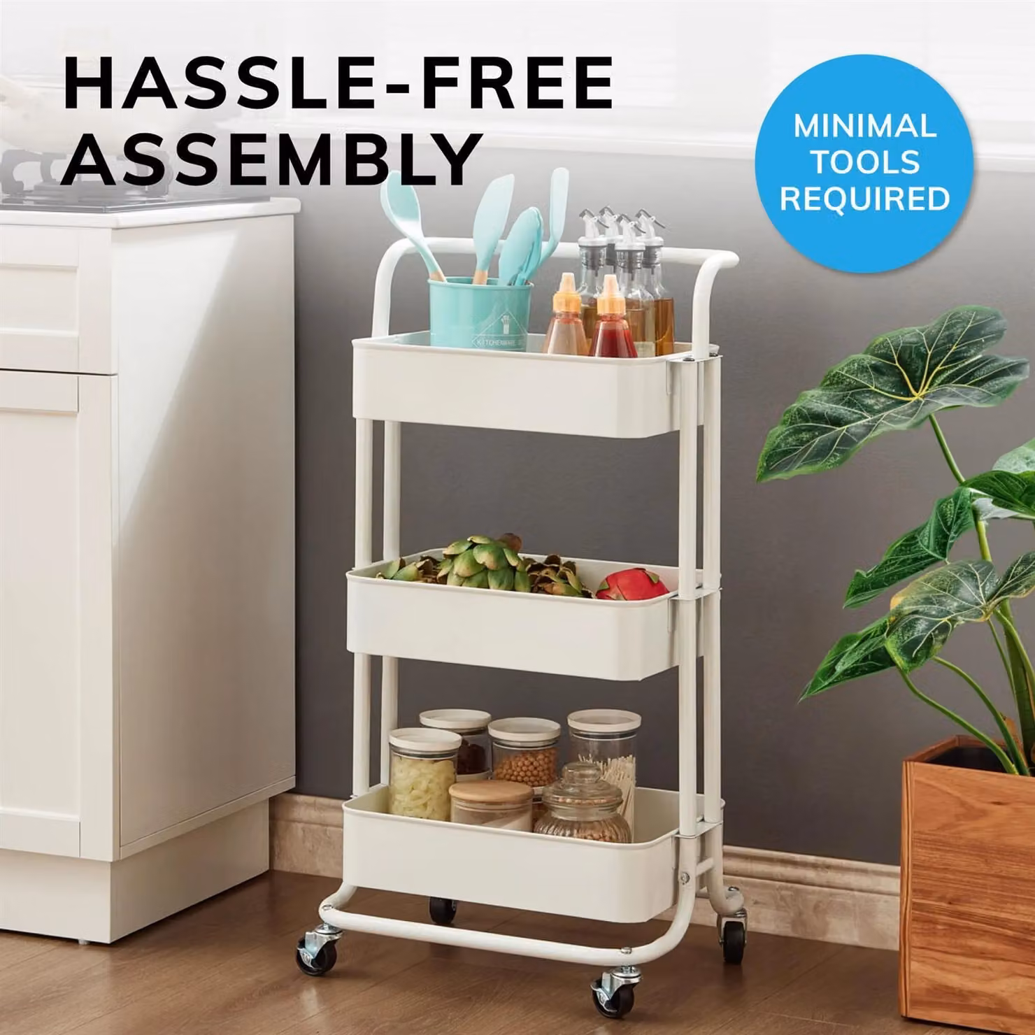 House of Home 3 Tier Metal Storage Cart on Wheels in Pink and White – 3