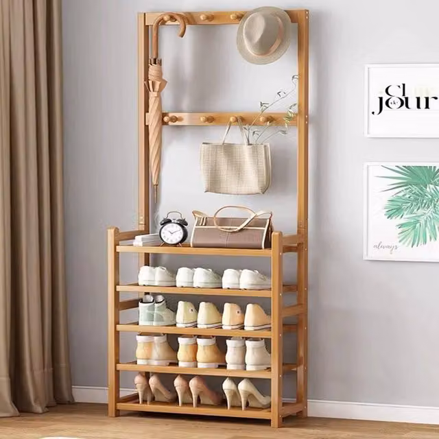 Kelvenix Vintage Wooden Hall Tree with Bench and 5-Tier Shoe Rack in Sand