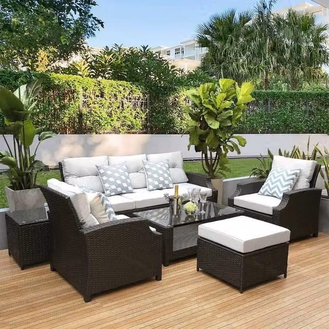 FURNITURE ONE 6 Piece Grey Rattan Garden Furniture Set with Upholstered Cushions for 6 People – 1