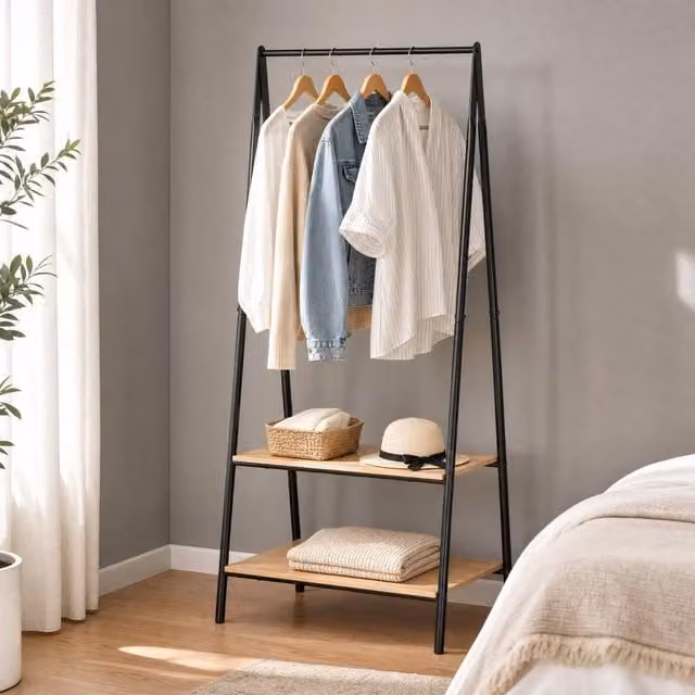 STILVORA Modern Clothes Rail with 2 Shelves in Natural and Black