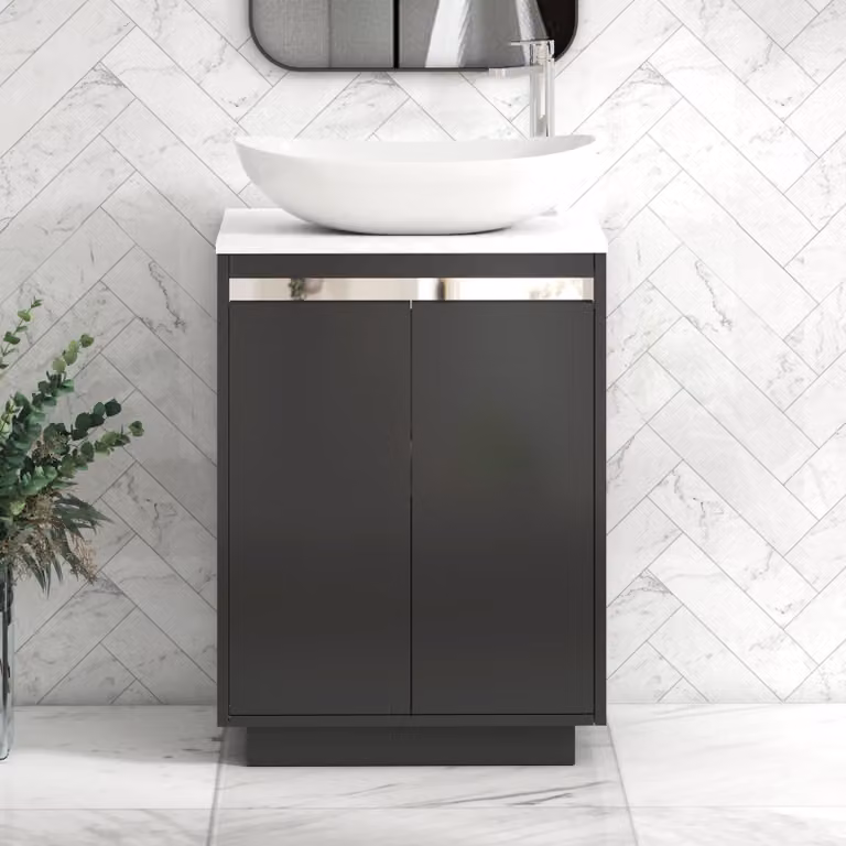 Royal Bathrooms Orion 600mm Matt Obsidian Black and Plain White Floor Standing 2 Door Vanity Unit with Cesar Basin and Chrome Accent Trim