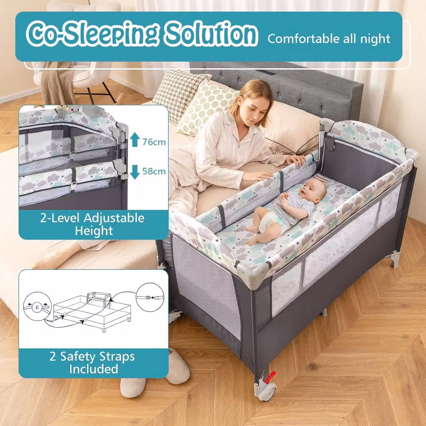 Gymax 5-in-1 Portable Bedside Crib, Folding Changing Table and Playpen on Wheels, Dark Grey – 3