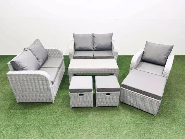 Fimous Poly Rattan Garden Furniture Set in Light Grey with 2 Seater Sofa, Coffee Table and Matching Ottoman