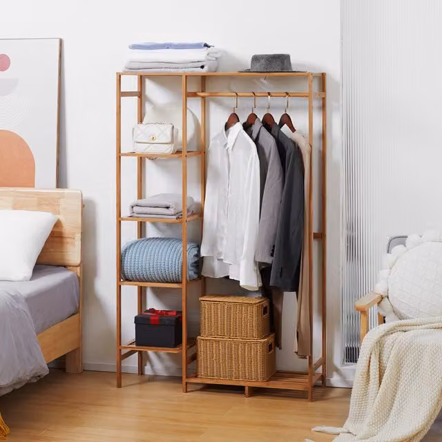 HOMCOM Bamboo Garment Rack with 6-Tier Shelf and Continuous Linear Clothes Rail in Natural Wood Effect
