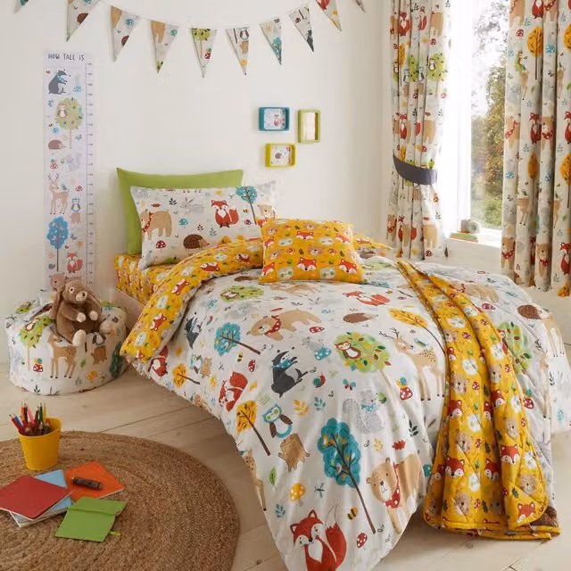 Happy Linen Company Kids Woodland Friends Animals Reversible Linen Duvet Cover Bedding Set in Beige, Size: 90 x 200 cm
