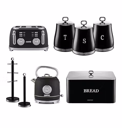 Geepas Retrovive 8-Piece Black Kitchen Set Including 1.8L Electric Kettle, 4-Slice Toaster, 3 Canisters, Bread Bin, Mug Tree and Towel Pole – 3