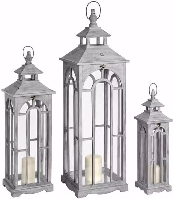 Lemon Pavilion Set of Three Wooden Lanterns with Archway Design in Grey, W: 31 cm, D: 31 cm, H: 104 cm – 1
