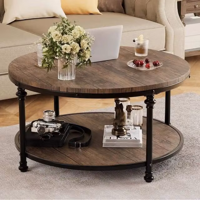 KORVIXA 2-Tier Round Wooden Coffee Table in Brown, Diameter: 100 cm – 1