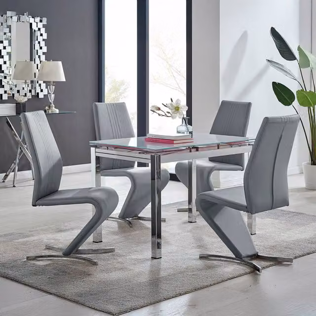 Furniturebox Enna White Glass Extending Dining Table and 4 Willow Chairs in Grey