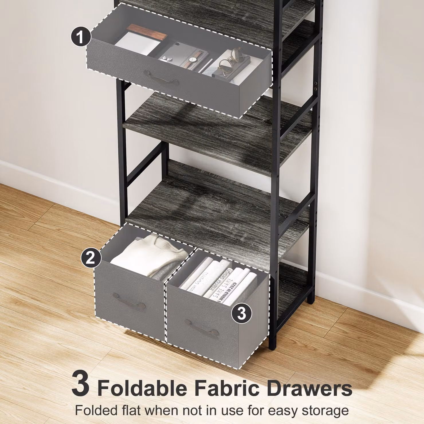 HOMCOM Industrial 6-Tier Tall Bookcase with 3 Fabric Drawers in Grey and Black – 5