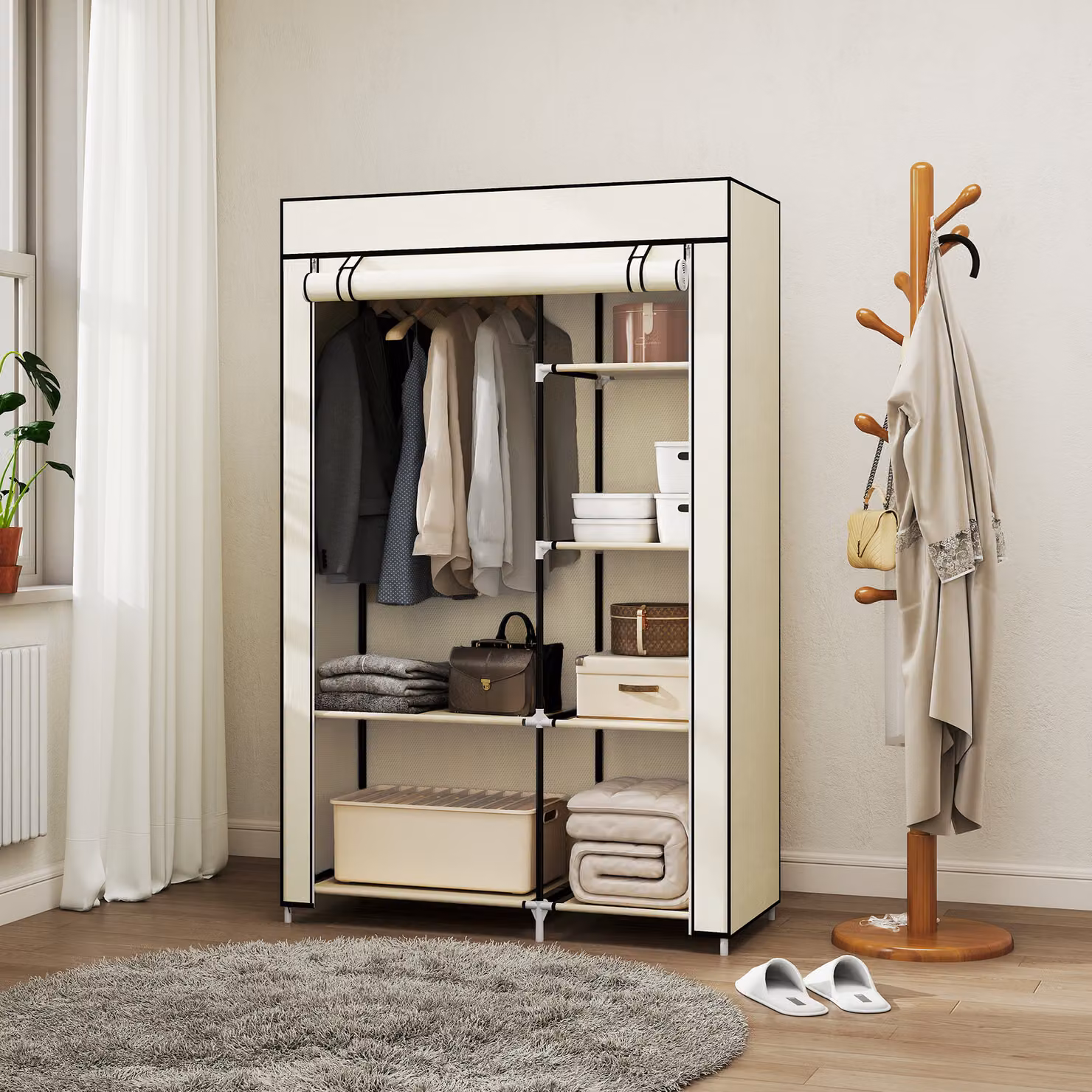 HOMCOM Portable Fabric Wardrobe with Hanging Rail and Shelves, White, W/D/H: 103 x 43 x 162.5 cm – 2