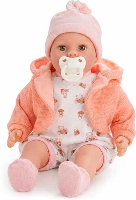 BiBi Peach Soft Body Baby Doll with Sounds and Dummy Accessory in Pink and Orange