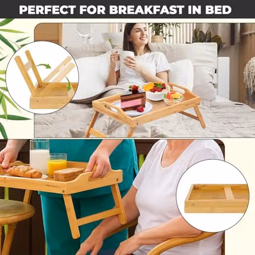 Mantraraj Bamboo Bed Tray Table with Foldable Legs and Handles in Brown, W: 60.5 cm, D: 30 cm, H: 23 cm – 4