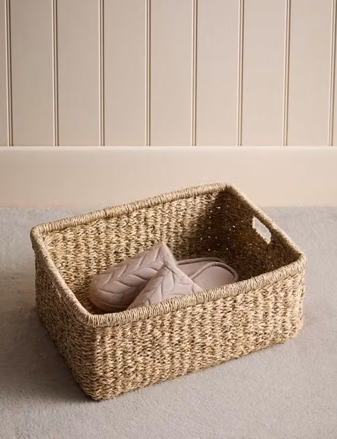M&S Large Rectangular Open Weave Seagrass Basket with Handles in Natural and Beige