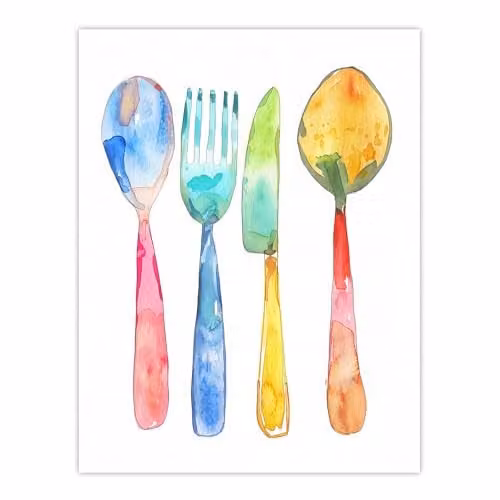 Artery8 Watercolour Cutlery Kitchen Wall Art Poster Print, Multicolour, W/H: 46 x 61 cm