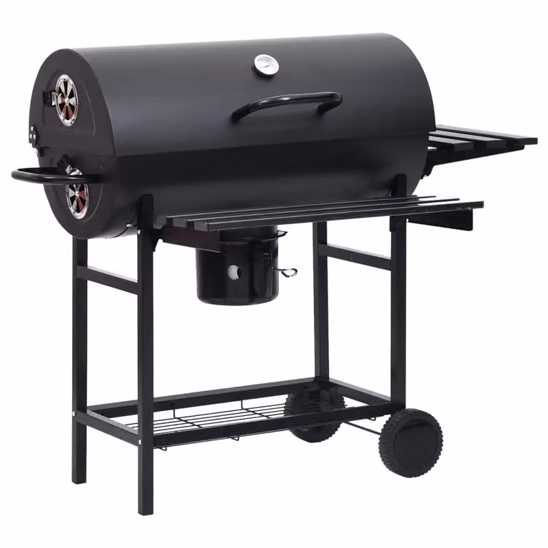 Berkfield Home Black Steel Barrel Charcoal Grill with Wheels, Shelves and Warming Rack, W/D/H: 115 x 85 x 95 cm