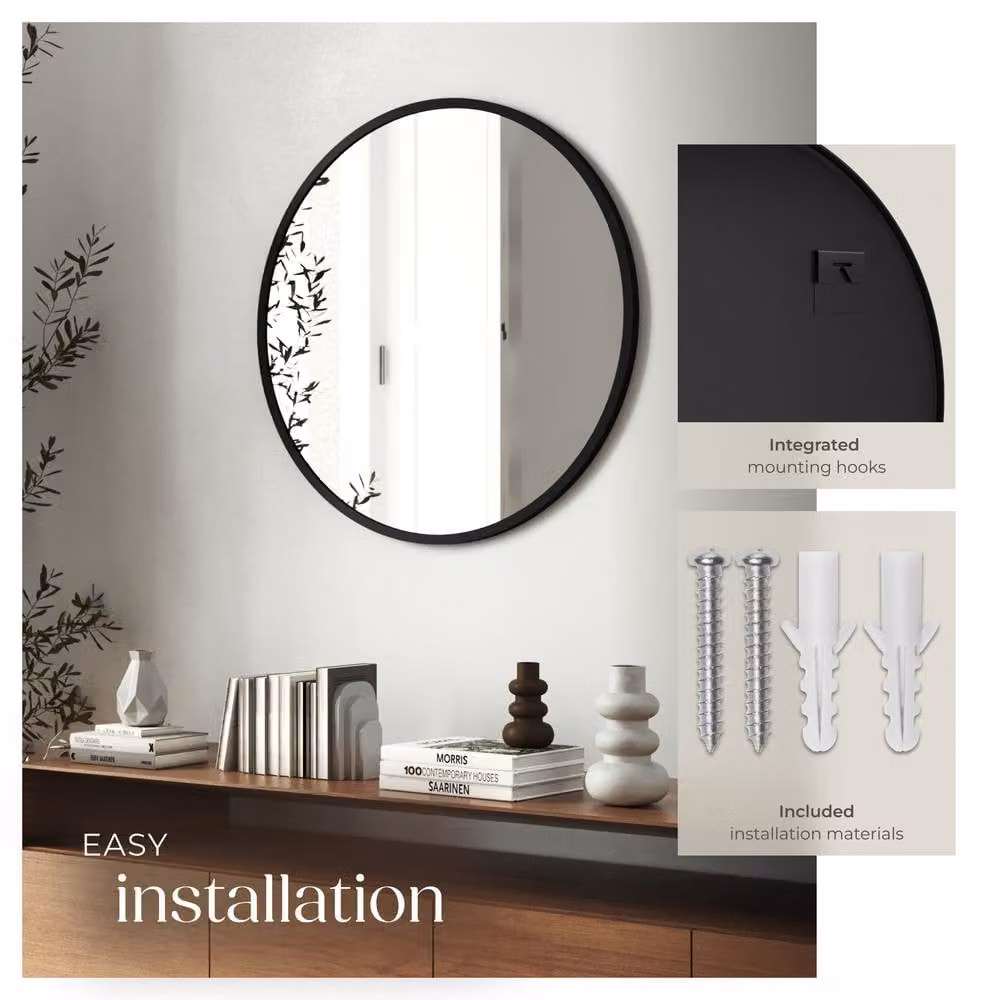 tectake Fiona Round Wall Mounted Mirror with Black Aluminium Frame, Diameter: 60 cm – 4