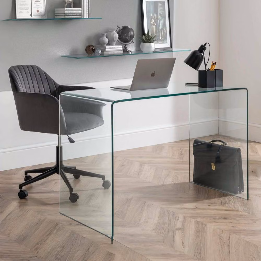 Cheshire Montrose Modern Glass Desk and Ardmore Velvet Swivel Office Chair Set in Grey and Black – 2