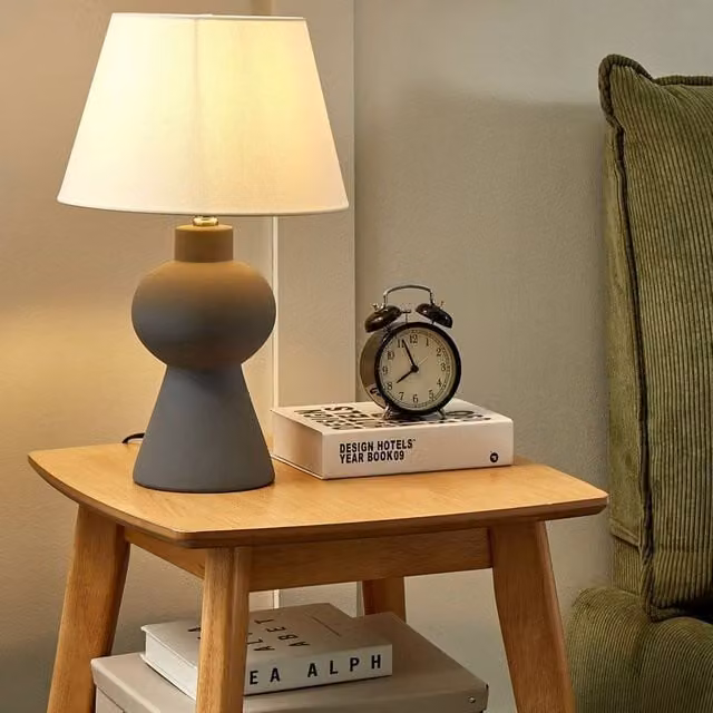 Wyld and Coco Grey Ceramic Table Lamp with Fabric Drum Shade – 1