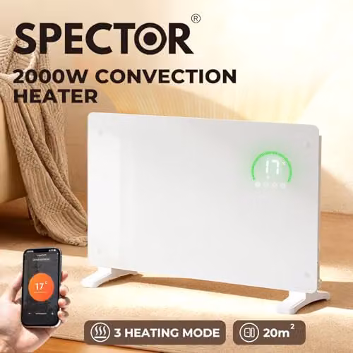 Spector Ultra-Thin Smart Electric Glass Panel Heater, 2000W, White, WiFi and App Control, Wall Mounted or Freestanding with Timer and Frost Protection, Depth: 6.5 cm – 5