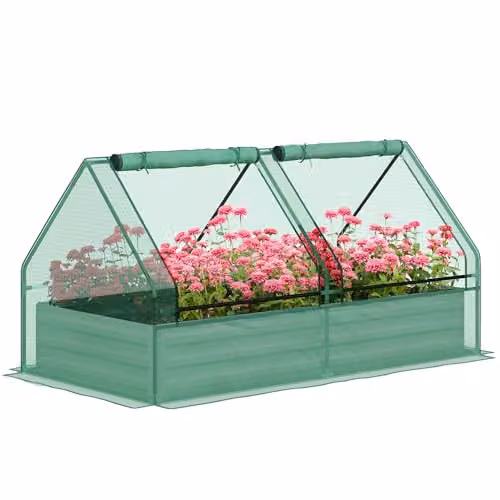 Outsunny Raised Garden Bed Planter with Mini Greenhouse in Green and Grey – 1